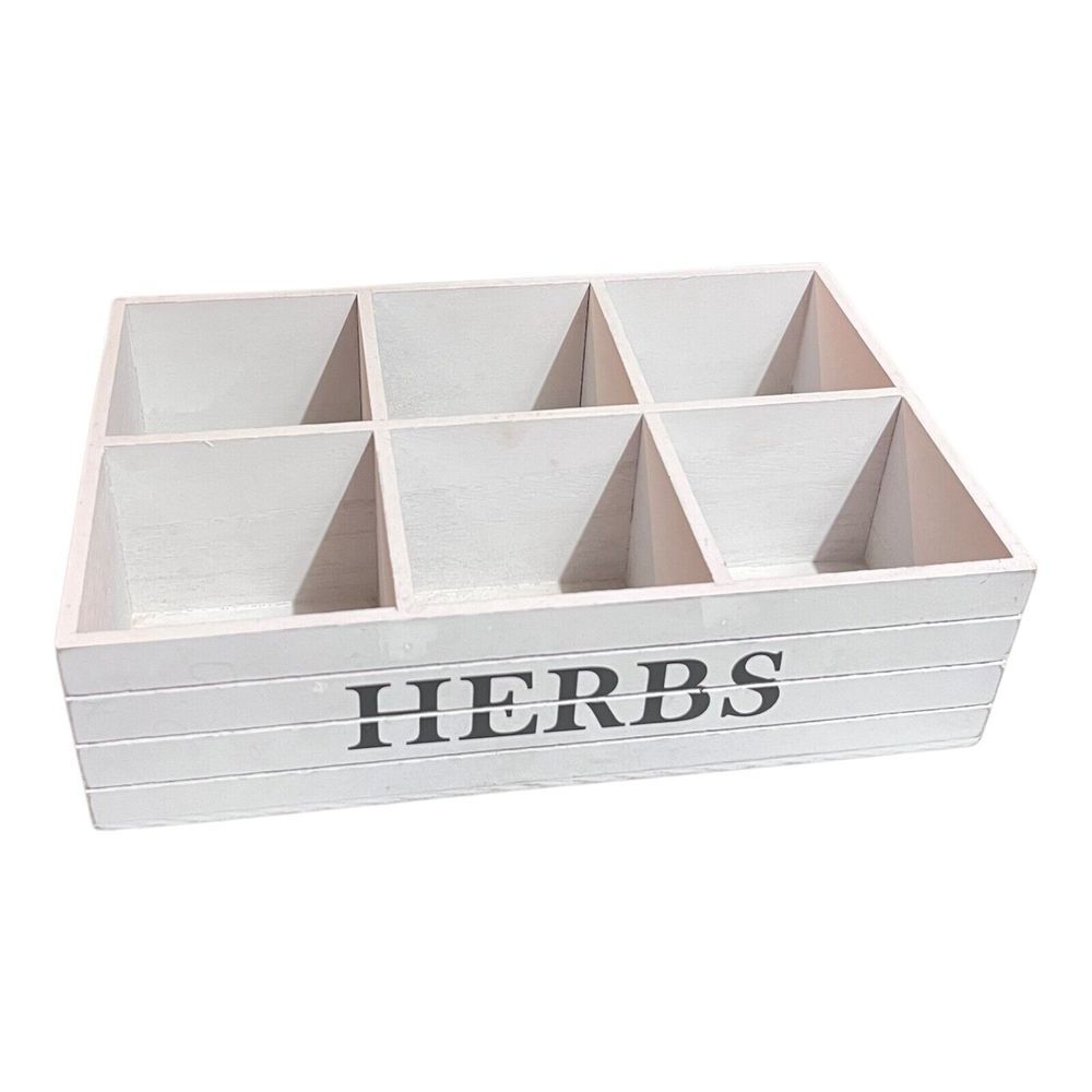 White Wood Rustic Distressed Farmhouse Shabby Herbs Box‎ 6 Section Compartment